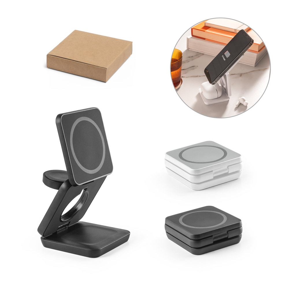 Imagem do produto Carregador magnético wireless super rápido dobrável em ABS 100% reciclado que permite carregar três dispositivos simultaneamente